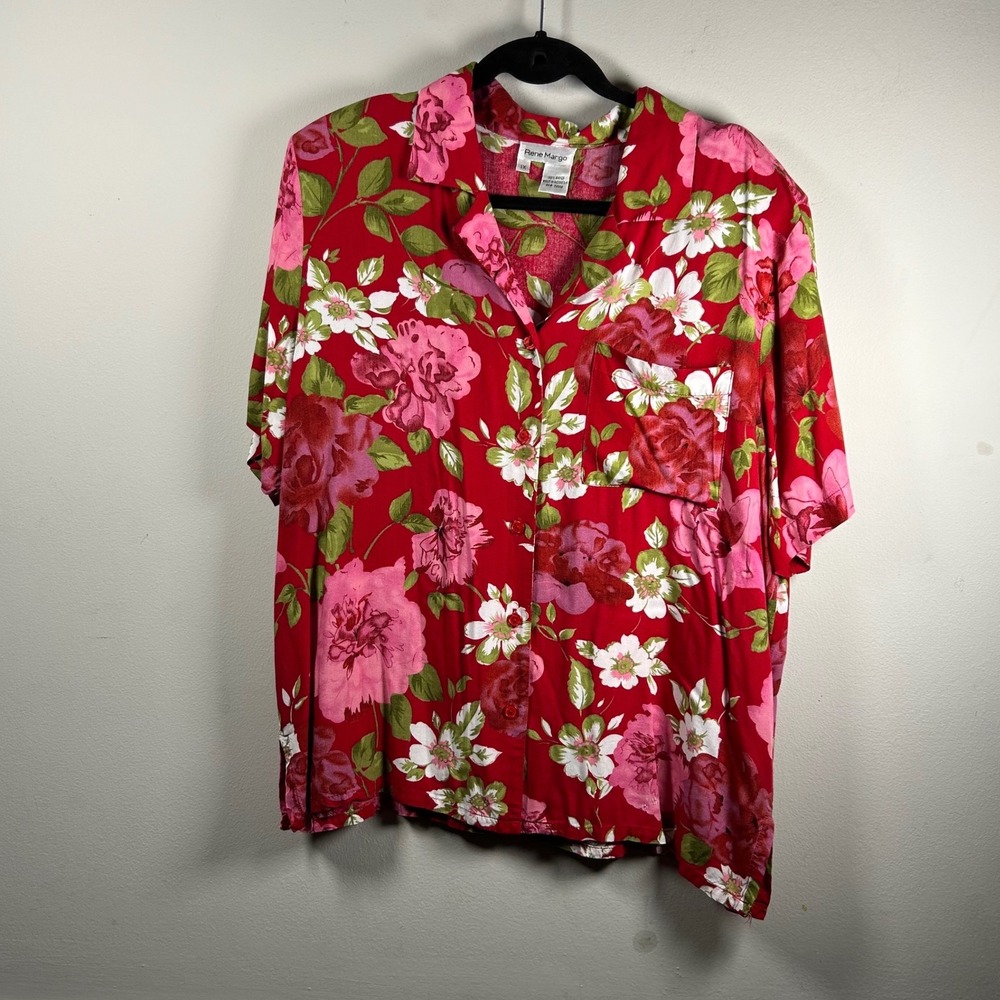 VTG Rene Margo Button‎ Down Shirt Womens 1X Red Floral Tropical Rayon Top Hawaii